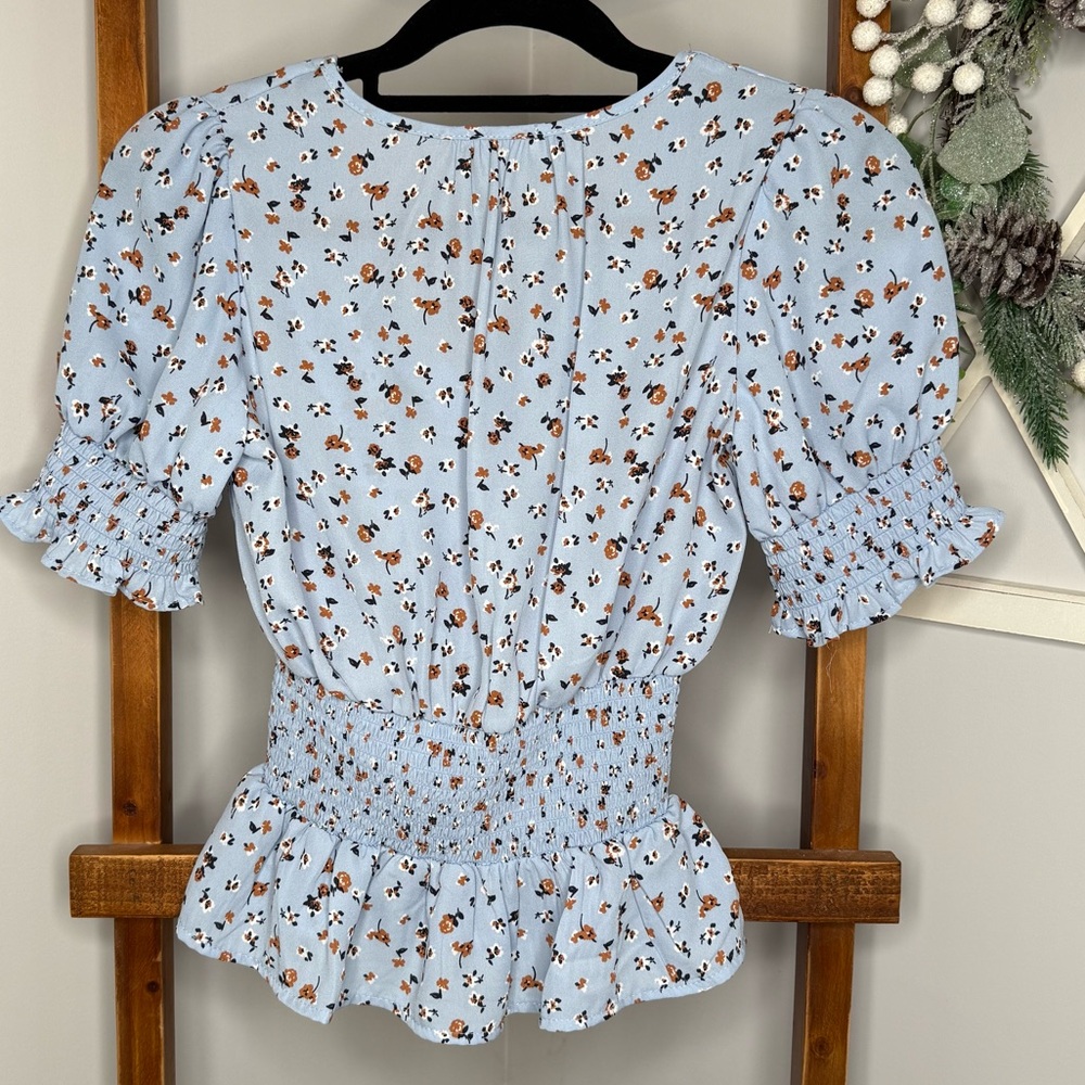 Sienna Sky Blue Puff Sleeve Smocked Blouse - Picture 2 of 4